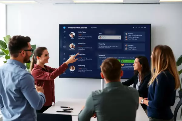 A modern office scene showing a diverse team collaborating around a digital task board, with a sleek, stylized planner interface displayed on a large screen, illustrating personal productivity, task delegation, and progress monitoring. The atmosphere conveys efficiency, teamwork, and organized control, with people interacting, pointing, and exchanging ideas, all in a bright, professional environment.