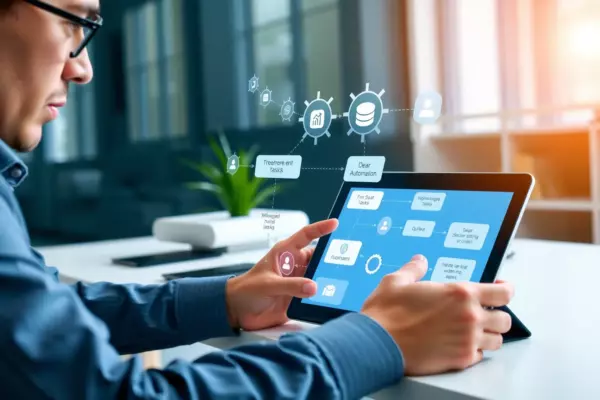 A modern digital workspace scene showing a focused professional using a sleek tablet interface that visualizes organized tasks as floating icons and connected flowcharts, with subtle gear symbols representing automation and deep structuring of processes, bright yet calm color palette, soft lighting, no visible text or logos