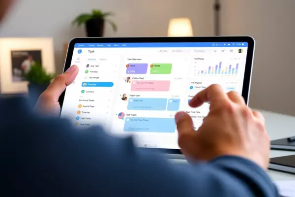 A sleek, modern digital workspace showing a person using a task management application on a tablet or laptop. The screen displays a clean, organized interface with colorful task cards, a calendar view, and progress charts, all without any visible text or icons. The background suggests a calm, productive environment with subtle lighting and a hint of a tidy desk, emphasizing personal efficiency and time management within a single app.