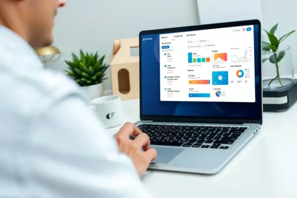A modern workspace featuring a person (gender neutral) focused on a sleek laptop screen displaying a digital task planner interface with organized task lists, calendar view, and progress charts. The background shows a tidy desk with a coffee mug, a plant, and subtle motivational items, conveying personal efficiency and effective planning. The scene is bright, clean, and professional, emphasizing productivity without any visible text or logos.